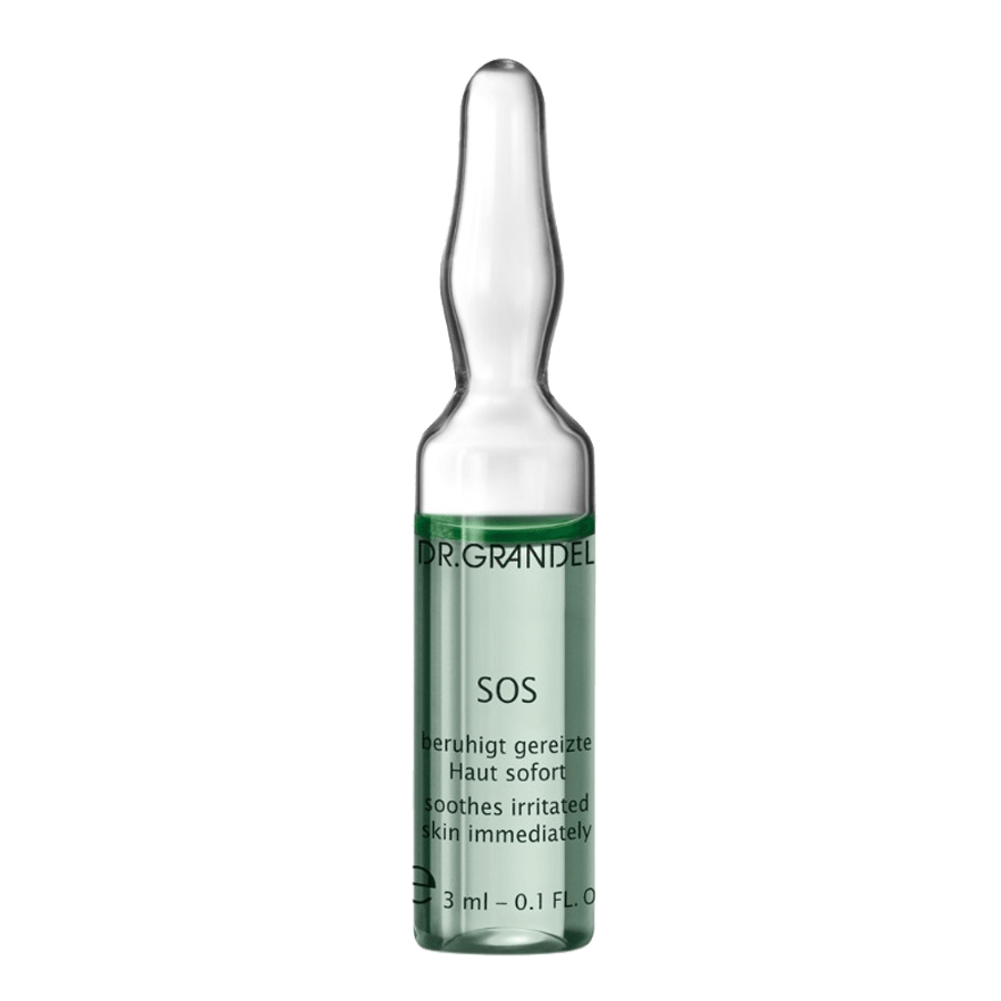 Dr. Grandel's SOS Ampoule is for skin that is susceptible to redness or irritation. The ampoule has an anti-inflammatory effect and alleviates redness.