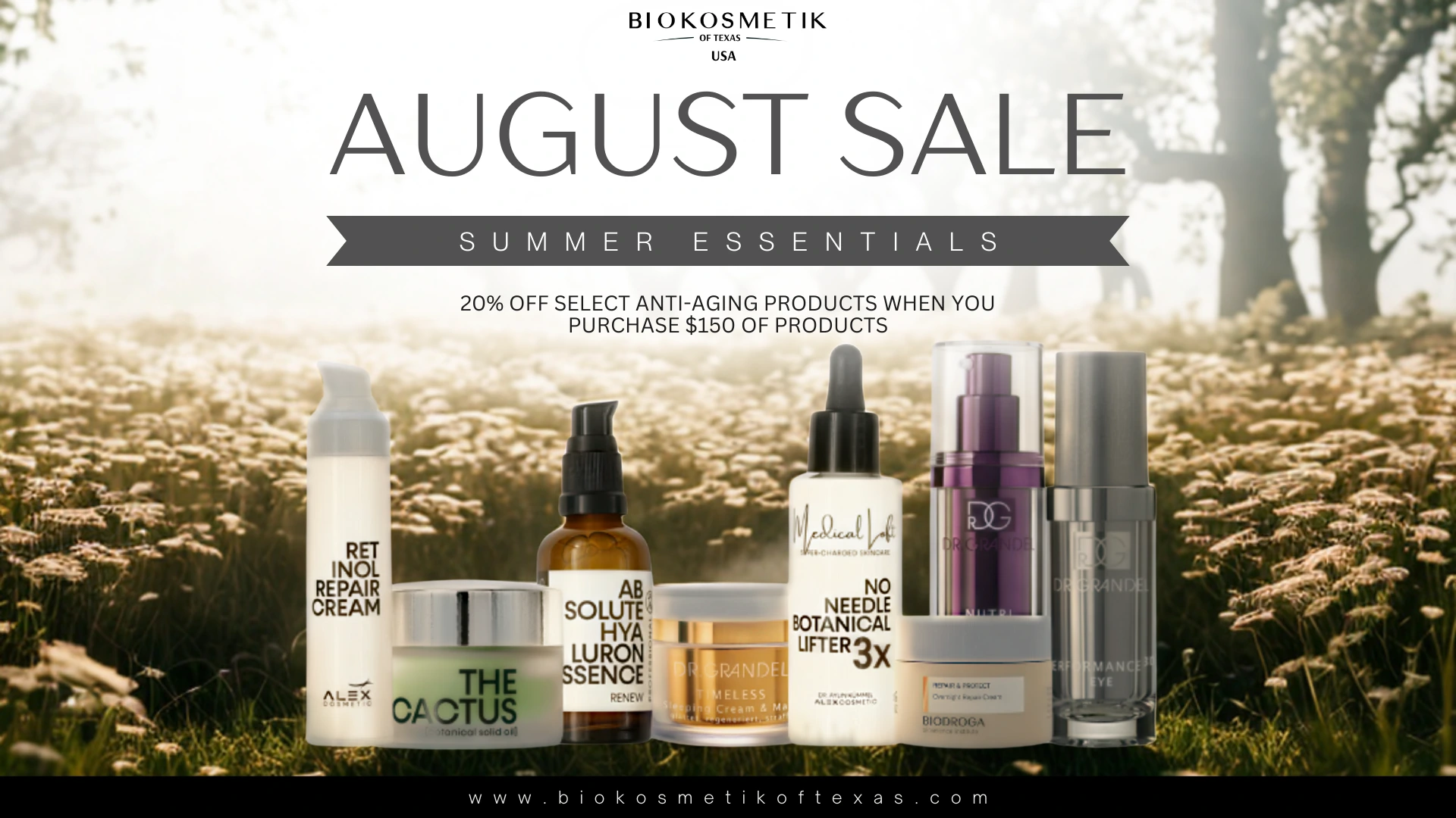 Best skincare deals this August at Biokosmetik of Texas with 20% off select Biodroga and Dr. Grandel products.