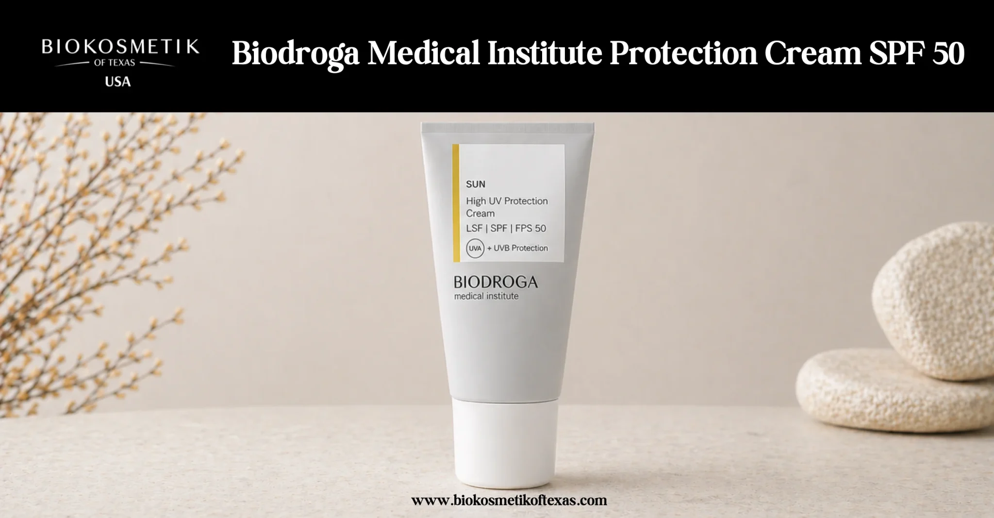 Biodroga Medical Institute Protection Cream SPF 50 sunscreen tube with SPF 50 offering broad-spectrum UV protection, hydration, and a lightweight non-greasy finish