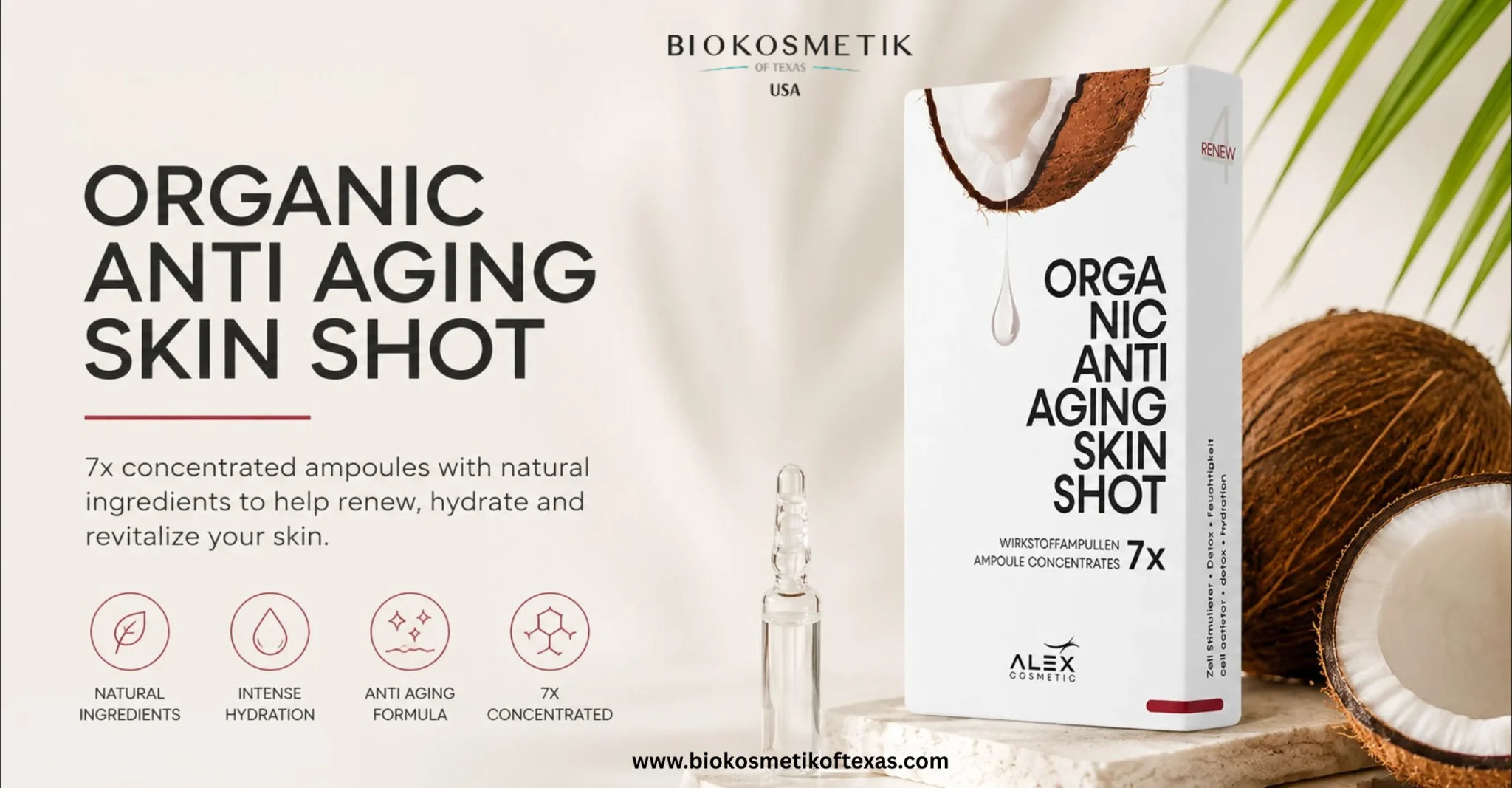 ALEX Cosmetic Organic Anti-Aging Skin Shot serum bottle for reducing wrinkles, improving skin elasticity, and promoting youthful glowing skin.