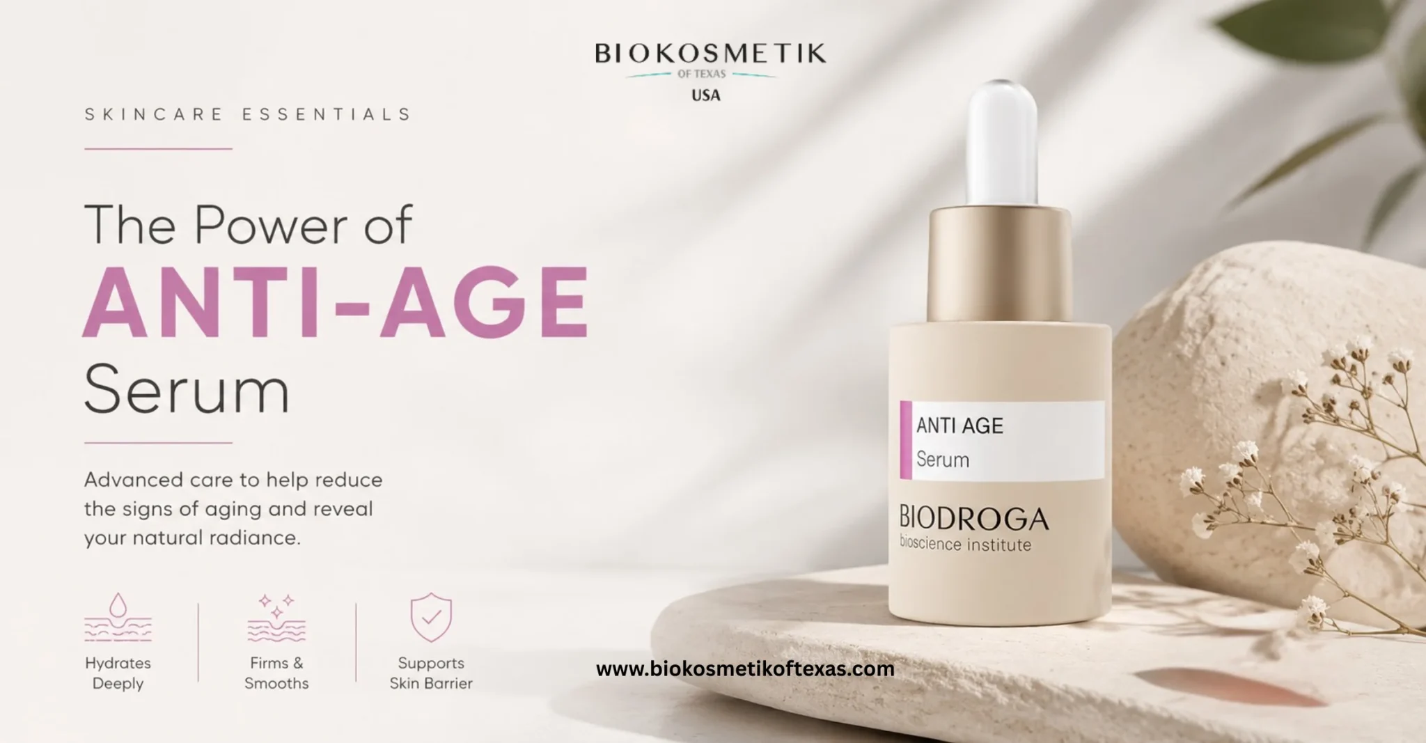 Biodroga Bioscience Institute Anti Age Serum bottle for anti-aging skincare, hydration, wrinkle reduction, and firmer youthful-looking skin.